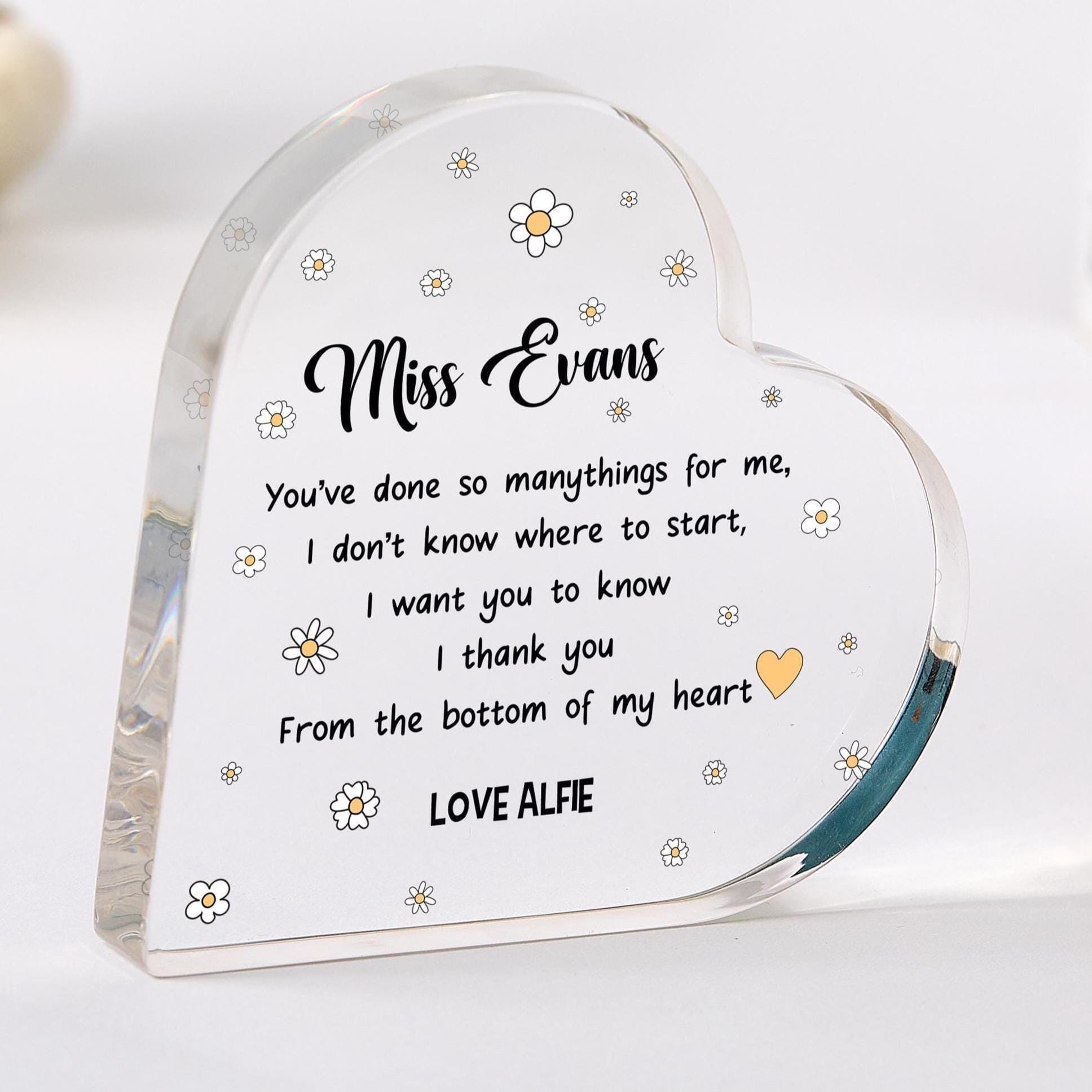 Floral Heart Acrylic Plaque Gift for Teacher with Last Name End of Term Gift Thank You Keepsake Primary Nursery End Year Appreciation