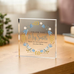 Floral Wreath Thank You Teacher Gift Primary Nursery Teacher Appreciation Keepsake for End of Year Term with Student Name Acrylic Plaque