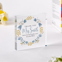 Floral Wreath Thank You Teacher Gift Primary Nursery Teacher Appreciation Keepsake for End of Year Term with Student Name Acrylic Plaque