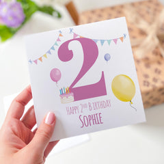 Fun 2nd Birthday Card for Girl Colourful with Balloons and Cake Perfect Keepsake Card for Daughter Niece or Granddaughter I am Two Second
