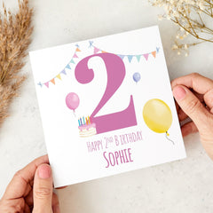 Fun 2nd Birthday Card for Girl Colourful with Balloons and Cake Perfect Keepsake Card for Daughter Niece or Granddaughter I am Two Second
