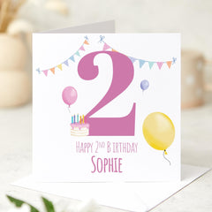 Fun 2nd Birthday Card for Girl Colourful with Balloons and Cake Perfect Keepsake Card for Daughter Niece or Granddaughter I am Two Second