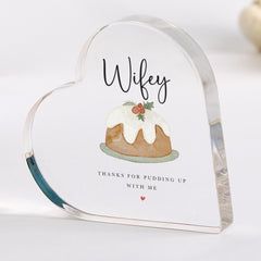 Funny Christmas Gift for Husband or Wife, Heart Acrylic Plaque with Pudding Design, Cute Festive Keepsake