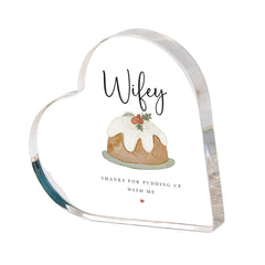 Funny Christmas Gift for Husband or Wife, Heart Acrylic Plaque with Pudding Design, Cute Festive Keepsake