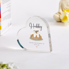 Funny Christmas Gift for Husband or Wife, Heart Acrylic Plaque with Pudding Design, Cute Festive Keepsake