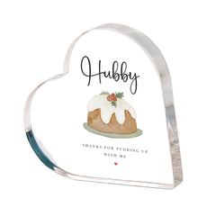 Funny Christmas Gift for Husband or Wife, Heart Acrylic Plaque with Pudding Design, Cute Festive Keepsake