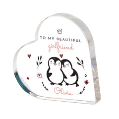 Gift for Girlfriend Personalised Acrylic Heart Plaque Cute Penguin Keepsake for Valentine's Day, Anniversary Birthday Romantic Present