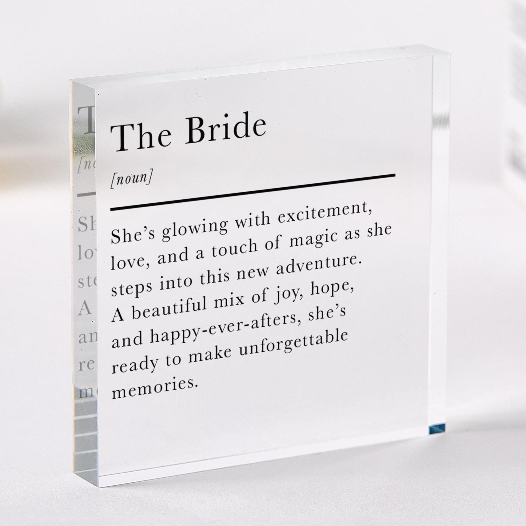 Gift for The Bride Acrylic Plaque Elegant Wedding Gift with Heartfelt Definition Keepsake for Bride - to - Be or Bridal Shower Hen Party Present