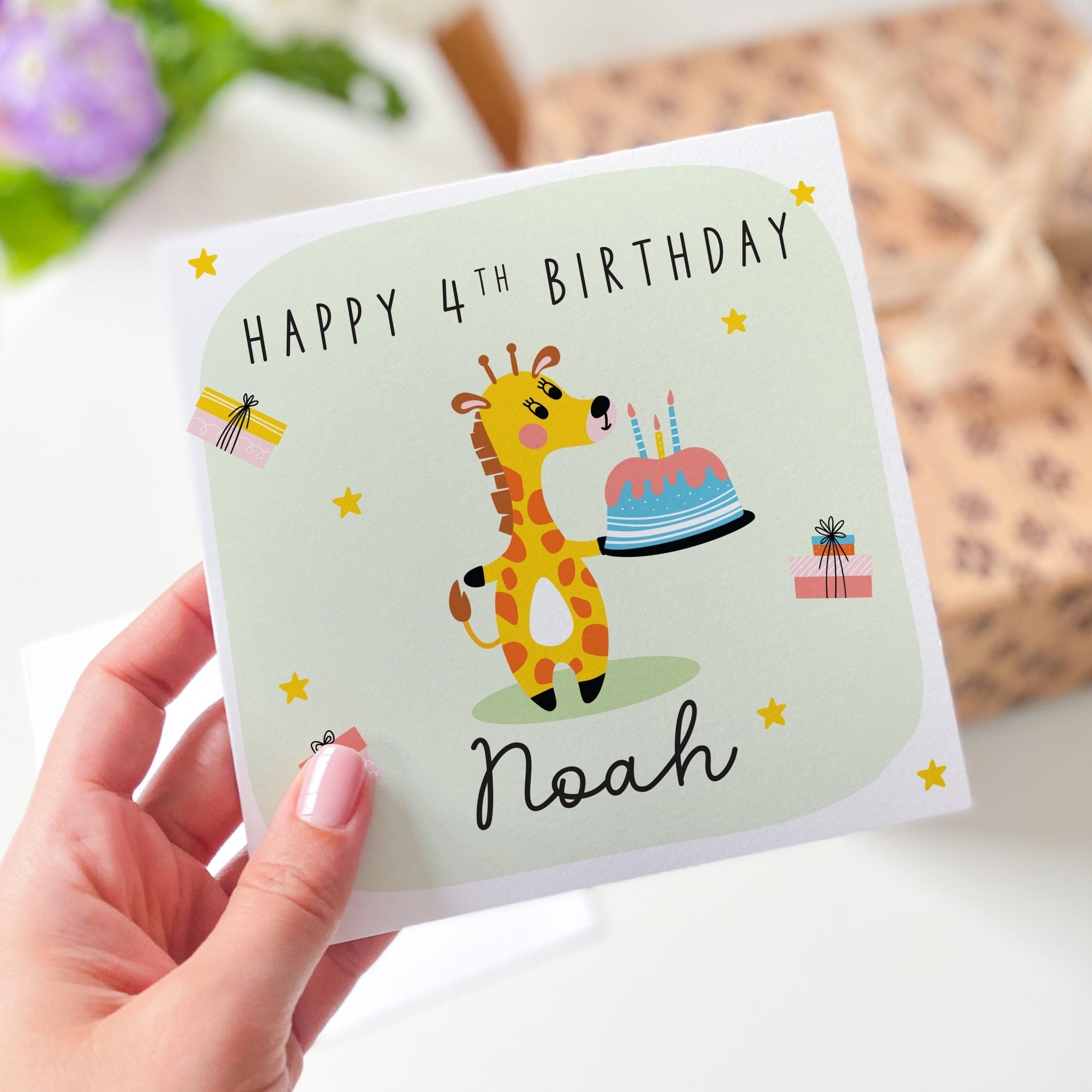 Giraffe Birthday Card for Kids Personalised with Name and Age – Cute Animal Theme Nephew Niece Son Daughter Grandson Granddaughter Birthday