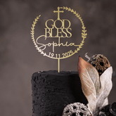 Gold Baptism Cake Topper, Custom Name & Date, Christening God Bless, Wooden Silver Rose Gold Black Communion Decor