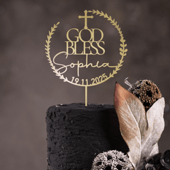 Gold Baptism Cake Topper, Custom Name & Date, Christening God Bless, Wooden Silver Rose Gold Black Communion Decor