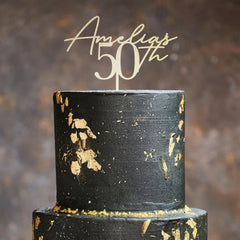 Gold Birthday Cake Topper, Custom Name & Age, Wooden Rustic Decor, Gold Silver Rose Gold Black, 40th - 60th Celebration