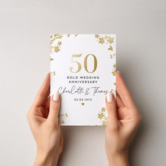 Gold Wedding Anniversary Card for Couple 50th Anniversary with Name Date Elegant Floral Personalised Keepsake for Mum Dad Grandparents