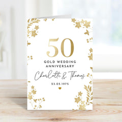 Gold Wedding Anniversary Card for Couple 50th Anniversary with Name Date Elegant Floral Personalised Keepsake for Mum Dad Grandparents