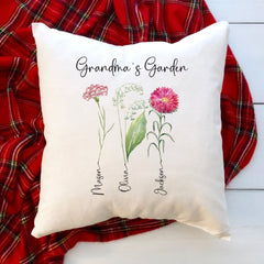 Grandma'S Garden Cushion With Grandchildren's Names And Birth Flowers Personalised Christmas Gift For A Nanny