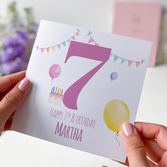 Happy 7th Birthday Card for Girl I am Seven Colourful Balloons and Cake Cute Keepsake Card Ideal for Daughter Granddaughter or Niece Seventh