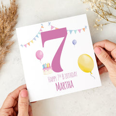 Happy 7th Birthday Card for Girl I am Seven Colourful Balloons and Cake Cute Keepsake Card Ideal for Daughter Granddaughter or Niece Seventh
