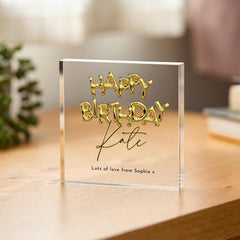 Happy Birthday Acrylic Plaque Gift for Her Wife Friend Niece Gold Balloon Lettering Keepsake with Name & Message Custom Display Plaque