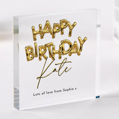 Happy Birthday Acrylic Plaque Gift for Her Wife Friend Niece Gold Balloon Lettering Keepsake with Name & Message Custom Display Plaque