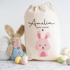 Happy Easter Sack With Name Pink Or Blue Easter Bunny Rabbit Gift Egg Hunt Bags Girls Boys Treat Bag 1st Easter