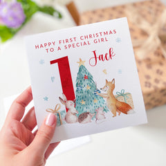 Happy First Christmas To A Special Girl Card With Name For Baby Girl Woodland Animals 1St Xmas Niece Granddaughter Daughter 1St Xmas Card