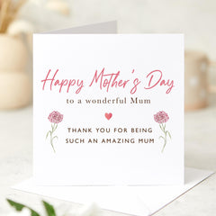 Happy Mothers Day Card Elegant Floral Card for Mum Beautiful Carnation Flower Design Thank You Card for Mother Card for Mum Gift Amazing Mum
