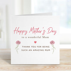 Happy Mothers Day Card Elegant Floral Card for Mum Beautiful Carnation Flower Design Thank You Card for Mother Card for Mum Gift Amazing Mum