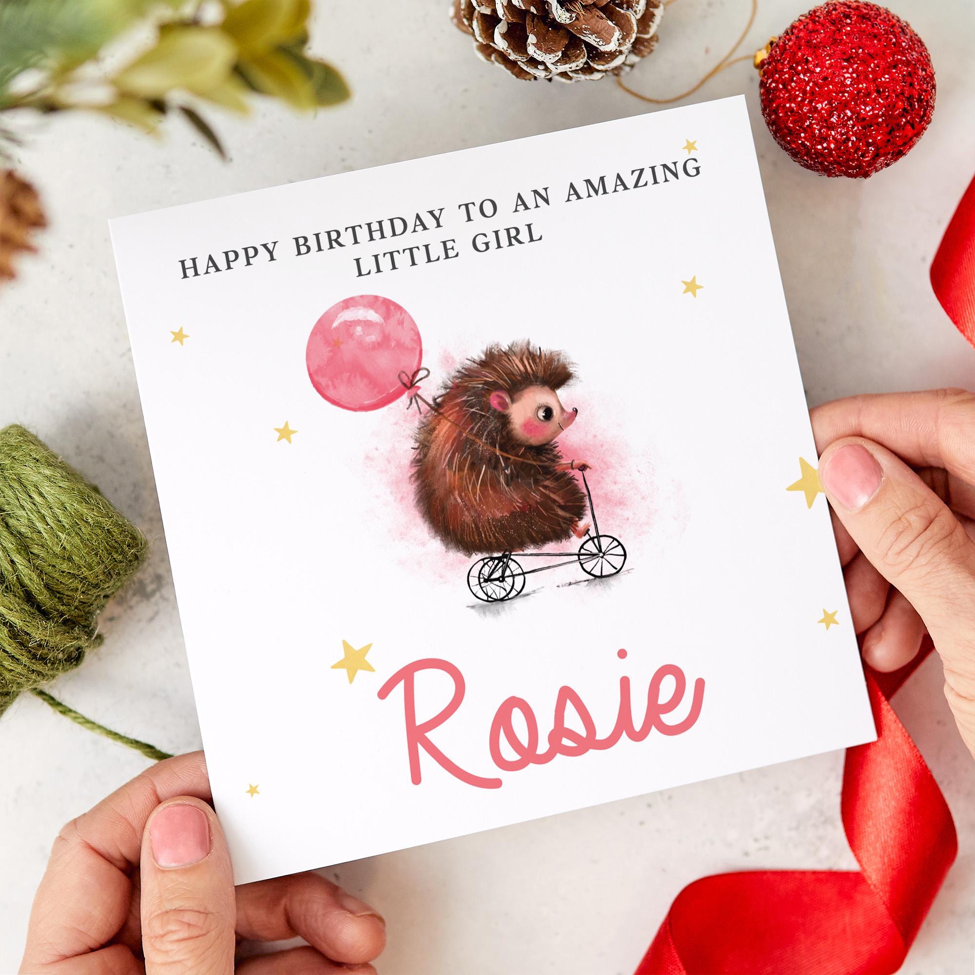 Hedgehog Birthday Card for a Special Little Girl Cute Animal Design with Balloon and Tricycle Custom Name for Daughter Niece Granddaughter