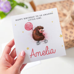 Hedgehog Birthday Card for a Special Little Girl Cute Animal Design with Balloon and Tricycle Custom Name for Daughter Niece Granddaughter