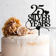 25 Silver Years Wooden Anniversary Cake Topper 25th Silver Anniversary Birthday Custom Anniversaries Party Decor