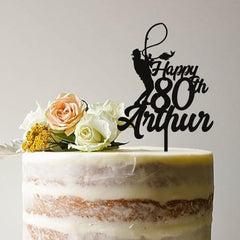 Fishing birthday wooden cake topper with name and age Personalised Fisher Decor 30th 40th 50th 60th 70th 80th Black Silver Gold Rose