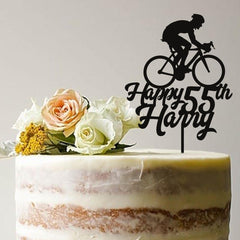 Cycling birthday cake topper with age and name for him Personalised bicycle party decor 20th 50th 60th 70th 30th 40th For boy adult man
