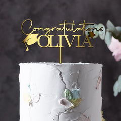 Personalised Congratulations Graduation Cake Topper Gold Silver Acrylic Mirror Name