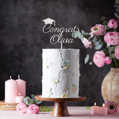 Personalised Congrats Graduation Cake Topper Wooden Name Mortarboard Graduate Gift
