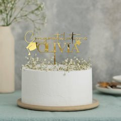 Personalised Congratulations Graduation Cake Topper Gold Silver Acrylic Mirror Name