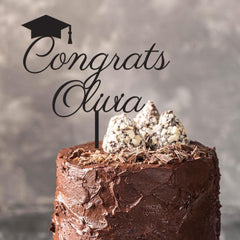 Personalised Congrats Graduation Cake Topper Wooden Name Mortarboard Graduate Gift