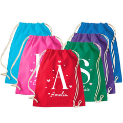 Personalised Heart Initial Drawstring PE Bag, Custom Name Cotton Gym Sack
