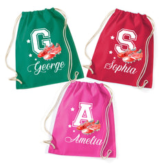 Personalised Football Drawstring Bag, Kids Cotton PE Bag, Custom Gym Sack, Sports Gift for Boys & Girls