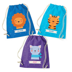 Personalised Animal Drawstring Bag, Kids Name Gym Sack, Custom Nursery PE School Kit, Birthday Gift