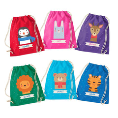 Personalised Animal Drawstring Bag, Kids Name Gym Sack, Custom Nursery PE School Kit, Birthday Gift