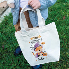 Personalised Kids Halloween Trick or Treat Tote Bag, Cute Fox Pumpkin Halloween Bag