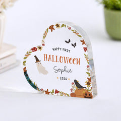 Personalised First Halloween Heart Acrylic Block, Baby’s 1st Halloween Keepsake