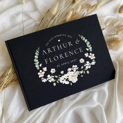 Personalised Floral Wedding Guest Book, Custom Linen Hardcover Memory Book,