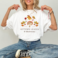 Autumn Leaves & Mushrooms T-Shirt, Cosy Woodland Fall Tee