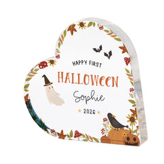 Personalised First Halloween Heart Acrylic Block, Baby’s 1st Halloween Keepsake