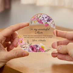 Personalised Mum Heart Keepsake, Floral Acrylic Gift for Mum, Mother's Day Christmas Birthday Gift