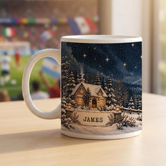 Personalised Christmas Mug, Custom Name Winter Cottage Gift