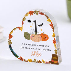 Personalised First Halloween Heart Acrylic Plaque, ANY ROLE, Baby Boy Girl 1st Halloween Gift