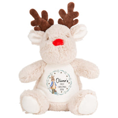 Personalised First Christmas Soft Toy, Custom Name Reindeer Plush with Bunny Design