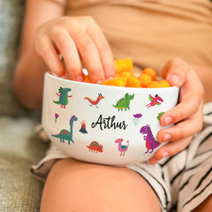 Personalised Kids Snack Bowl, Custom Name Ceramic Dish, Colourful Dinosaur Design, Toddler Birthday Gift